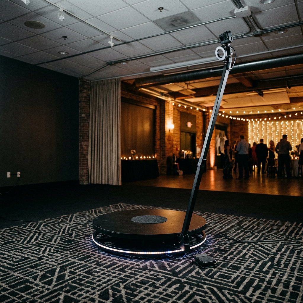 360 photo booth platform with clear floor space on all sides and headroom above the camera arm