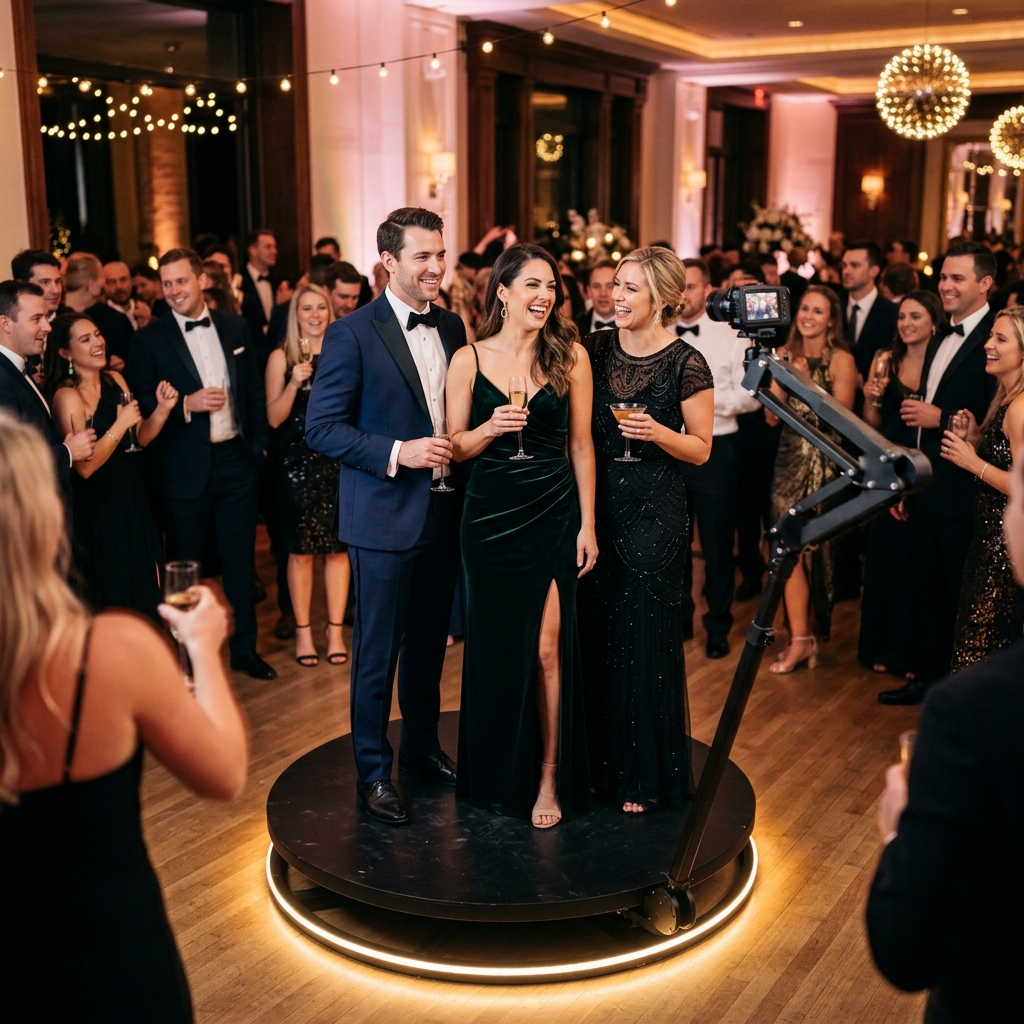 Guests standing on a 360 video booth platform while the camera arm sweeps around them and others watch