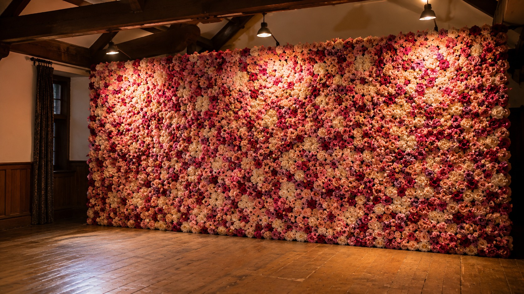 Mixed floral wall set up in an older hall with warm lighting and timber detailing
