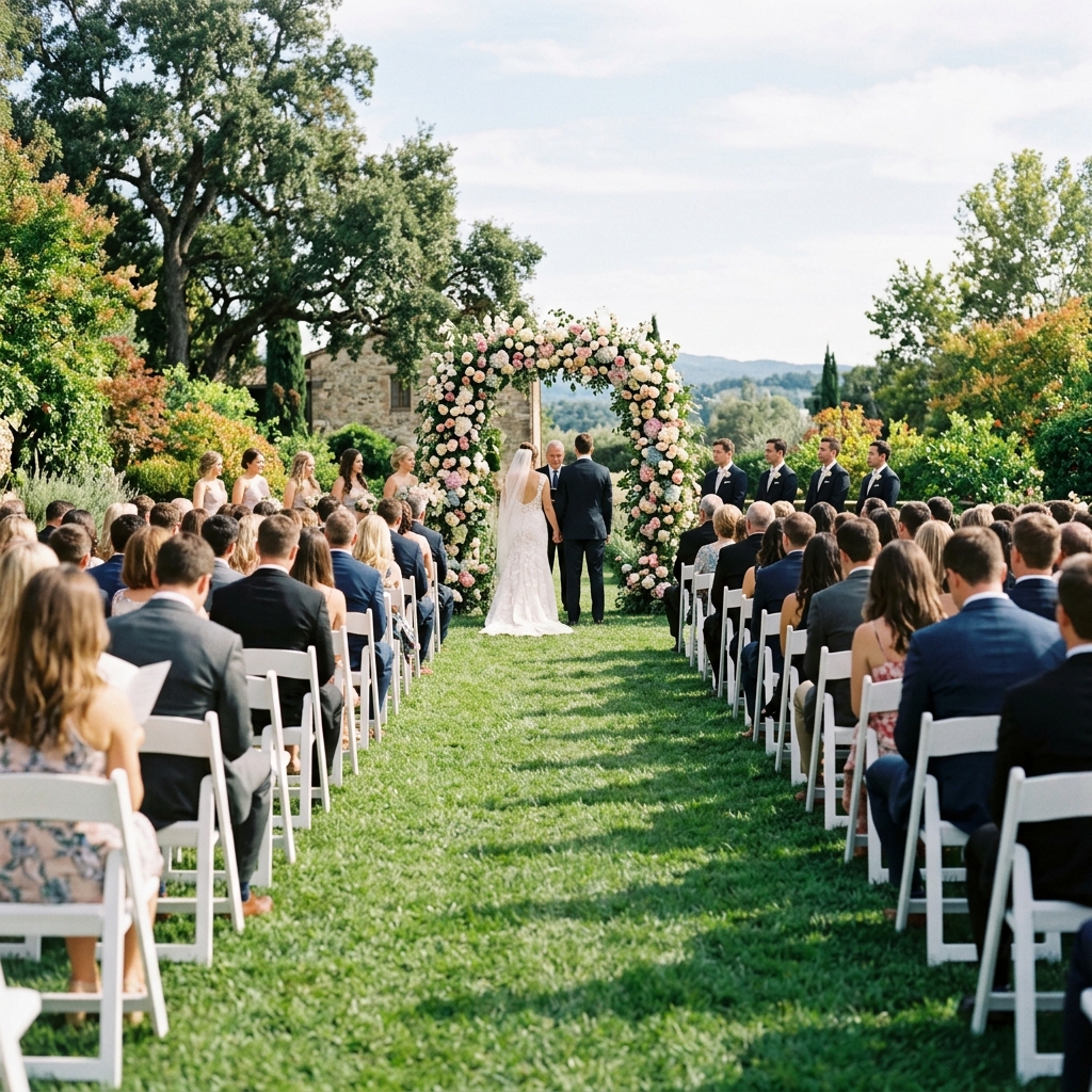Rows of white folding chairs lining an outdoor wedding aisle leading to a floral arch