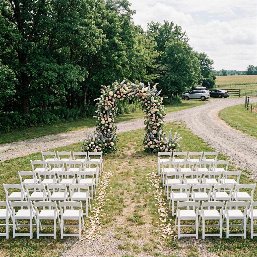 View down a wedding aisle towards an arch, showing the background visible behind it