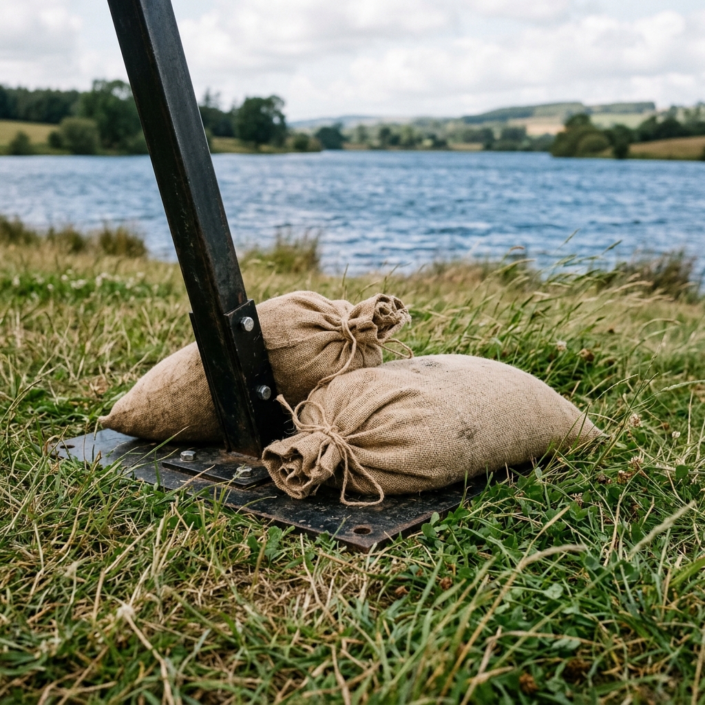 Weighted base and sandbags anchoring a wedding arch on an exposed grass site