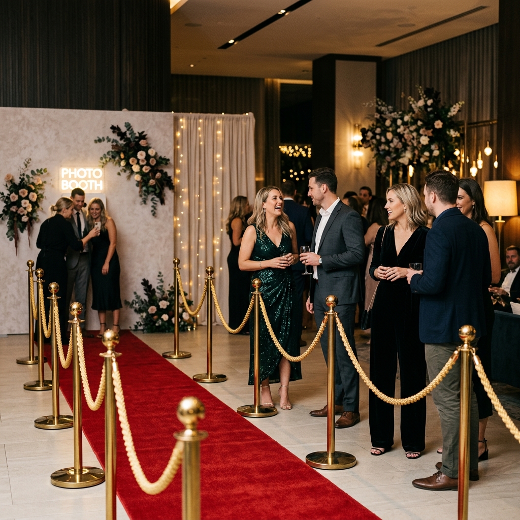 Red carpet approach with gold stanchions and a neon sign leading to a photo booth