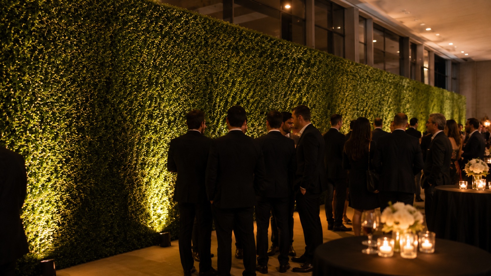 Long green boxwood step and repeat wall at a corporate event with guests in front