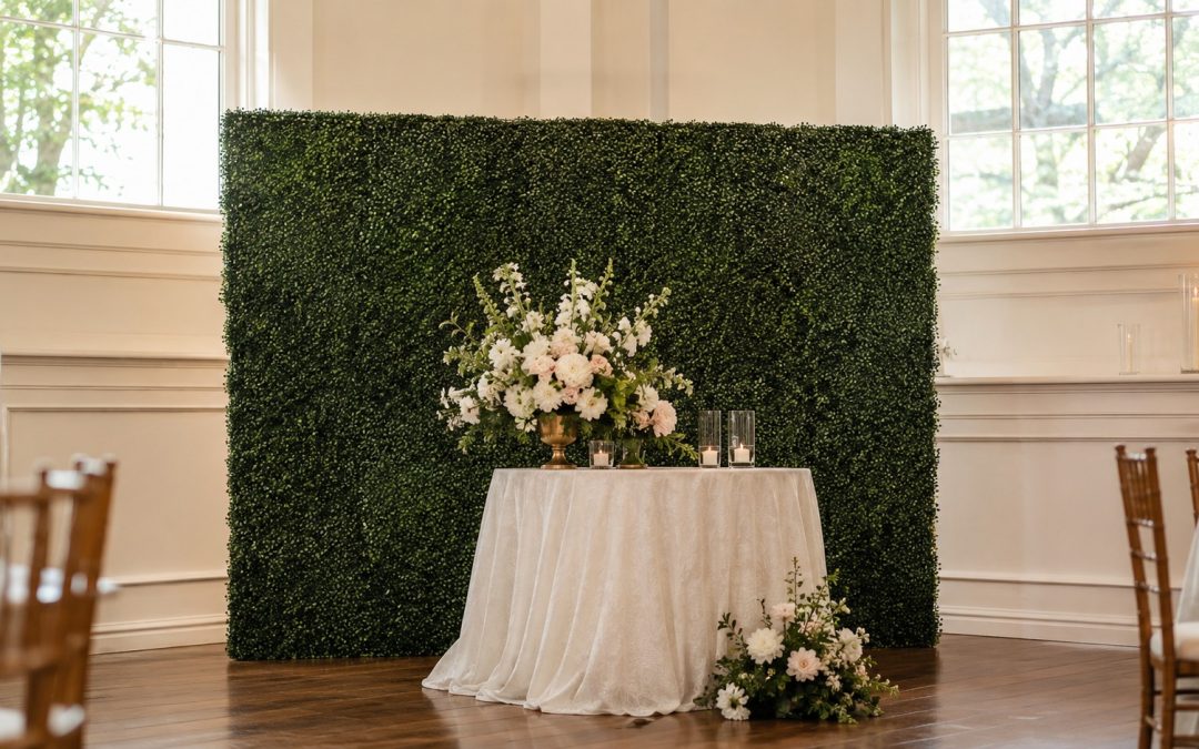 Green boxwood hedge wall backdrop standing behind a styled table at a Brampton event