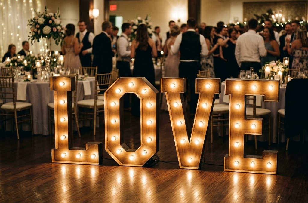 Illuminated LOVE marquee letters standing on a reception floor at a Cambridge wedding