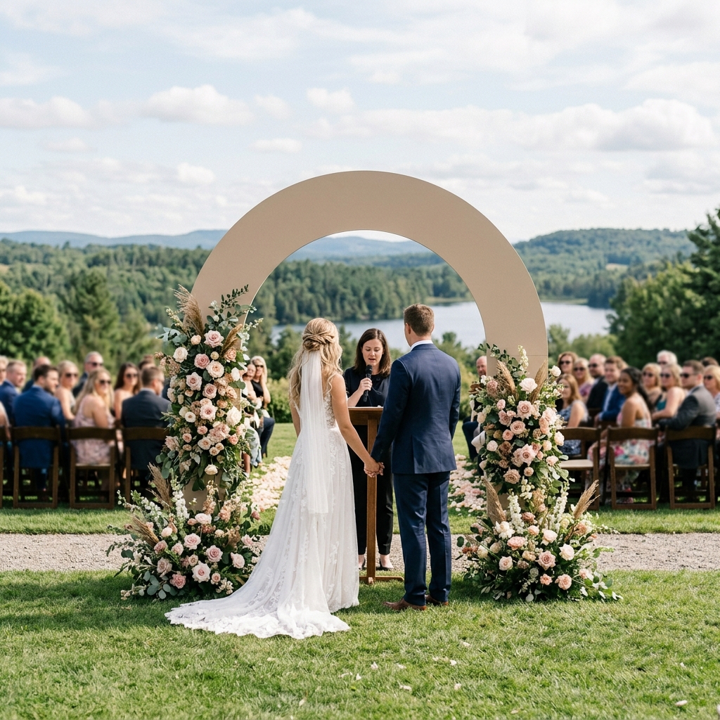Solid curved arch backdrop panel used as a ceremony feature with no background showing through