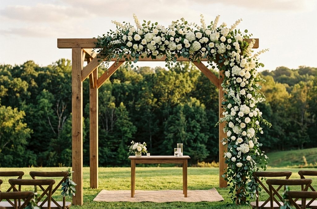 Structural wedding arch dressed with white florals standing on grass in front of a treeline