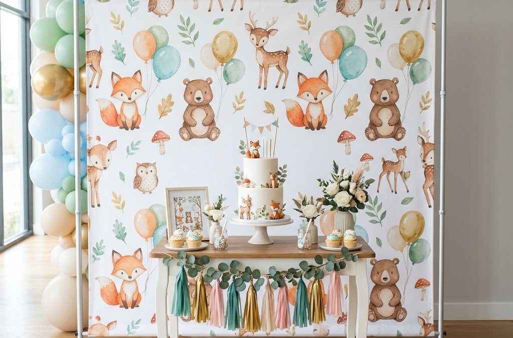 Printed fabric kids party backdrop on a freestanding frame set up in a bright party room in Etobicoke