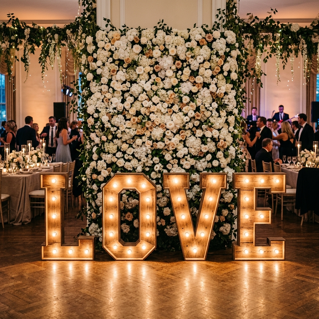 Illuminated marquee letters standing in front of a white and champagne flower wall