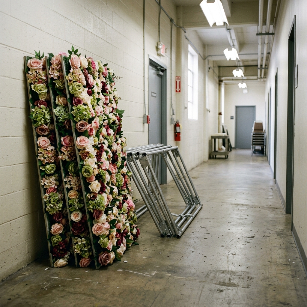 Flower wall panels stacked beside a frame in a venue corridor before assembly