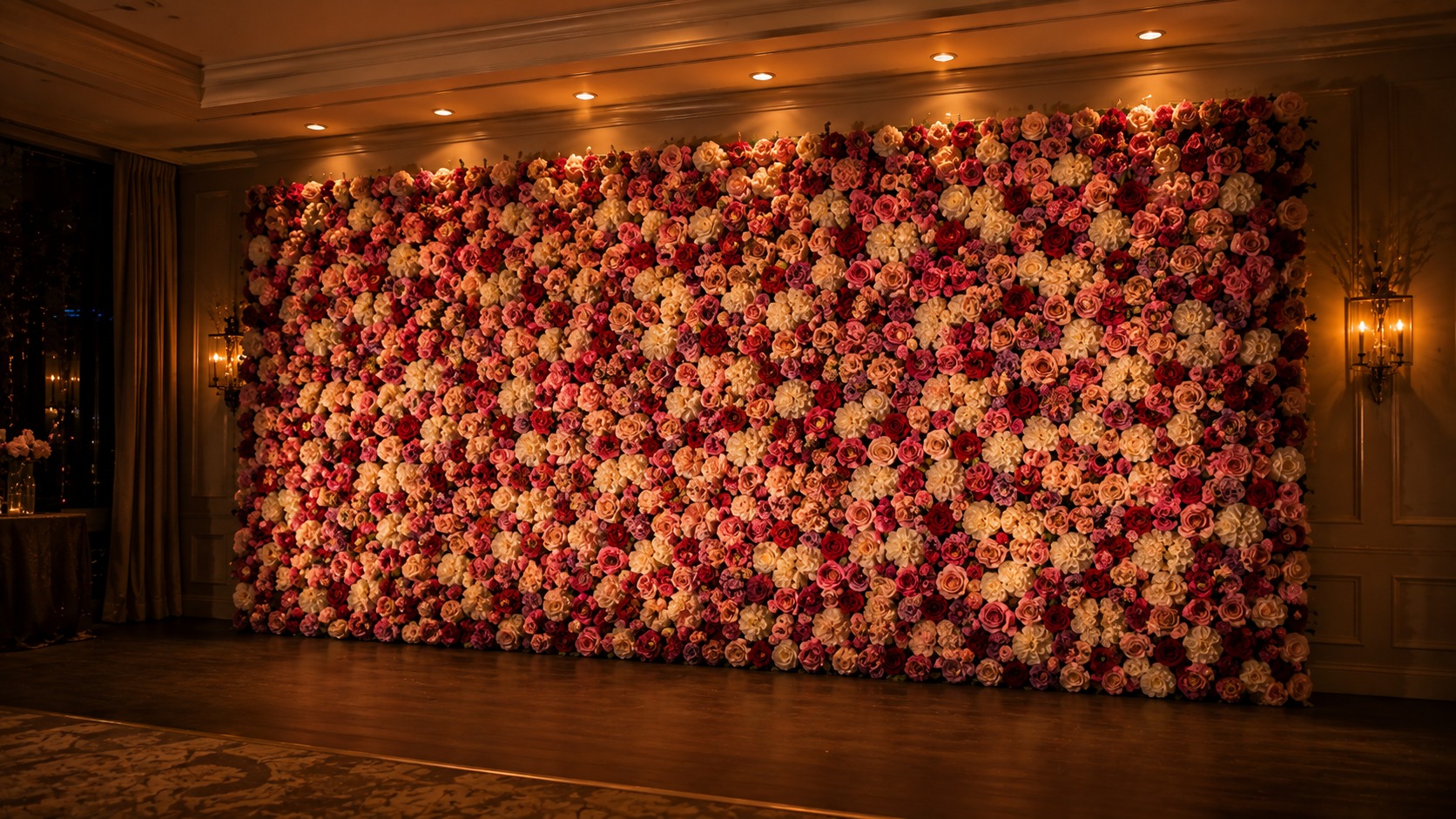 Mixed floral wall photographed under warm indoor downlighting at an evening event