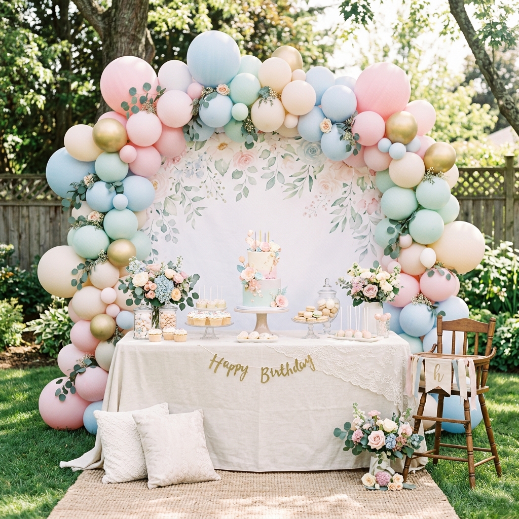 Balloon arch curving across the corner of a printed party backdrop with a cake table below