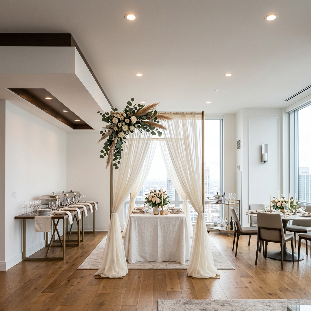 Tall party backdrop frame standing close to a low ceiling bulkhead in a condo party room