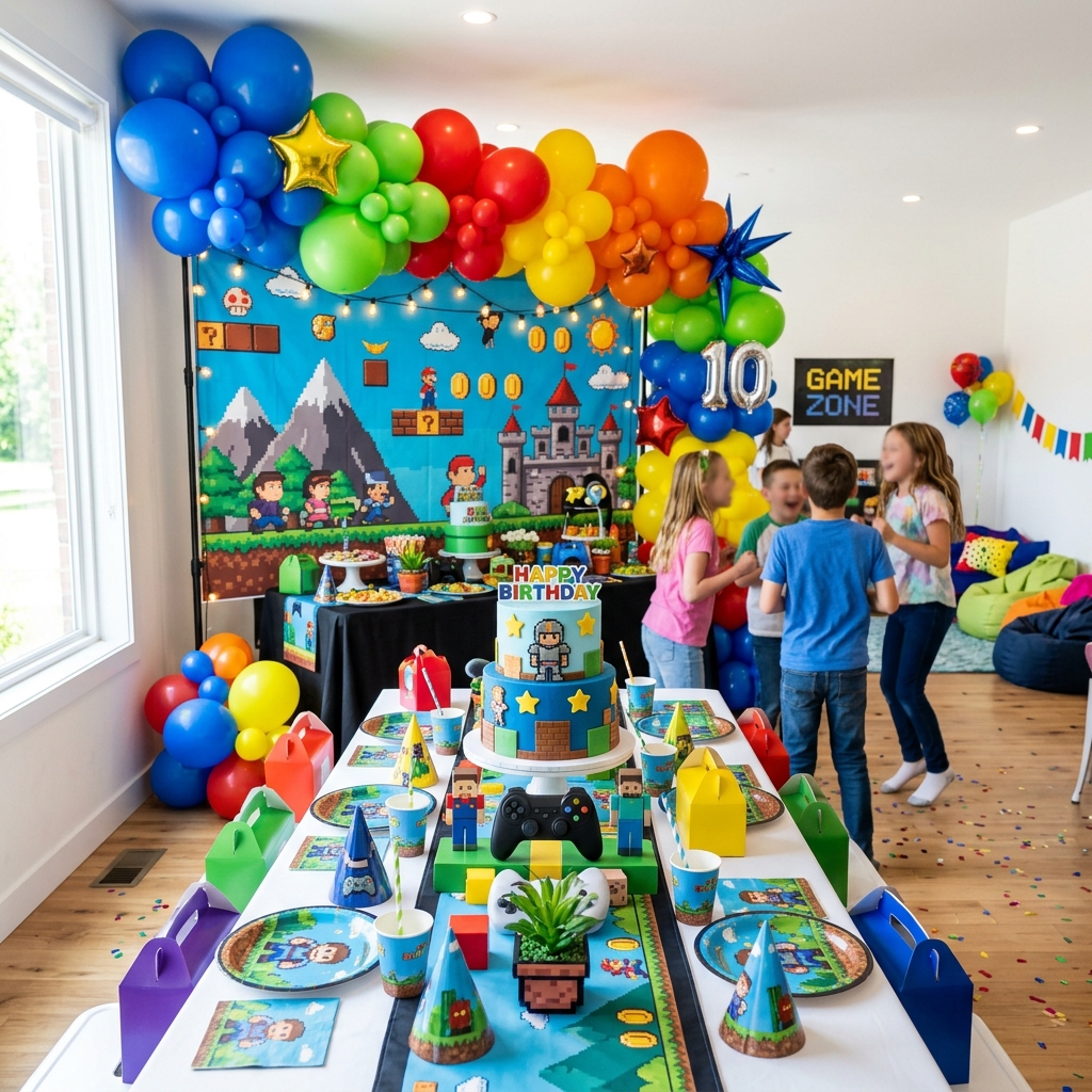 Video game themed party backdrop with a balloon garland at a child’s birthday party