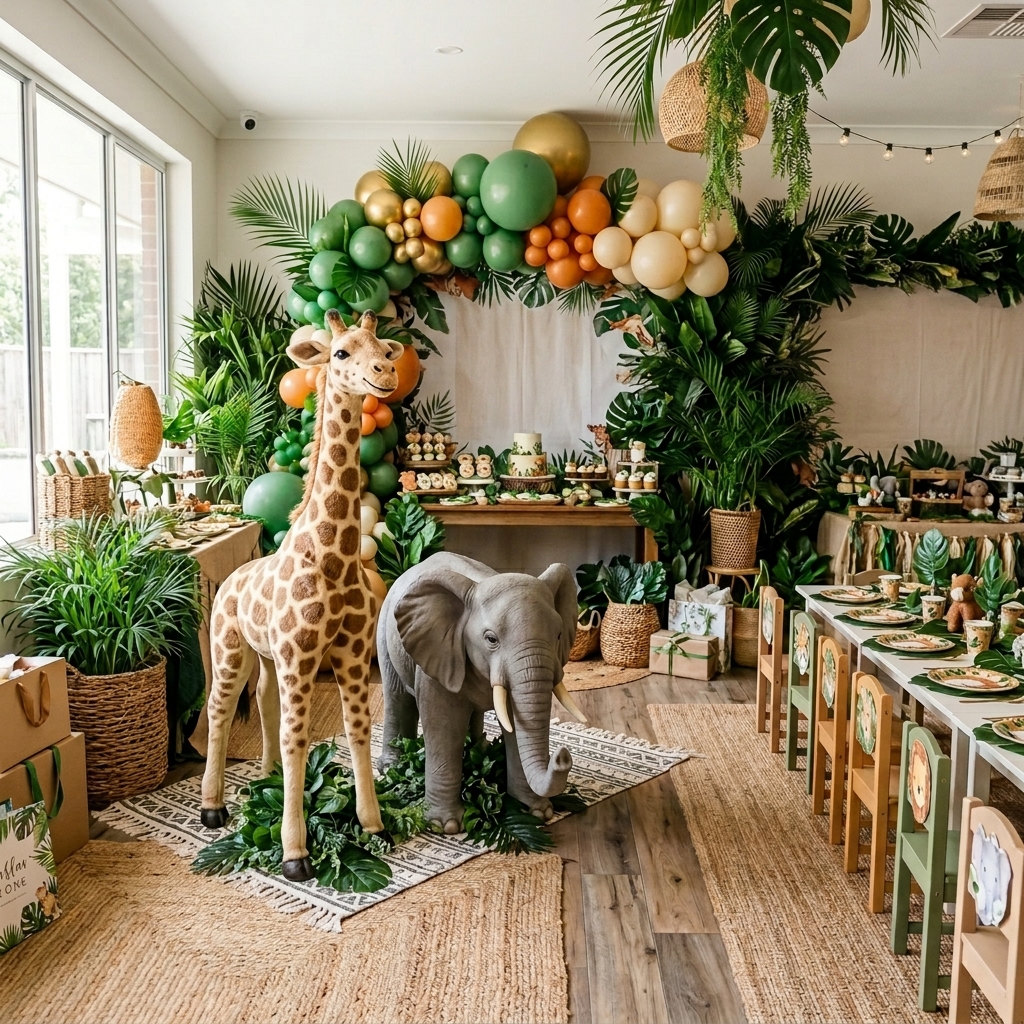 Life-size giraffe and elephant safari props standing in front of a zoo animal party backdrop