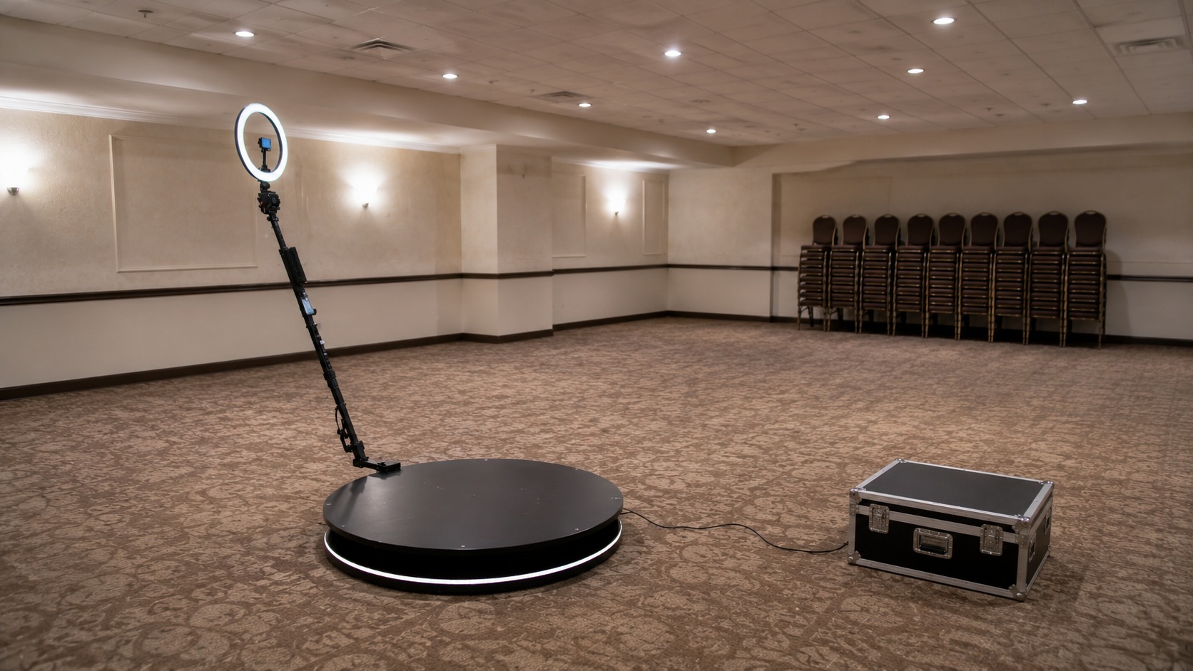 360 video booth platform and camera arm set up in an empty event room before guests arrive