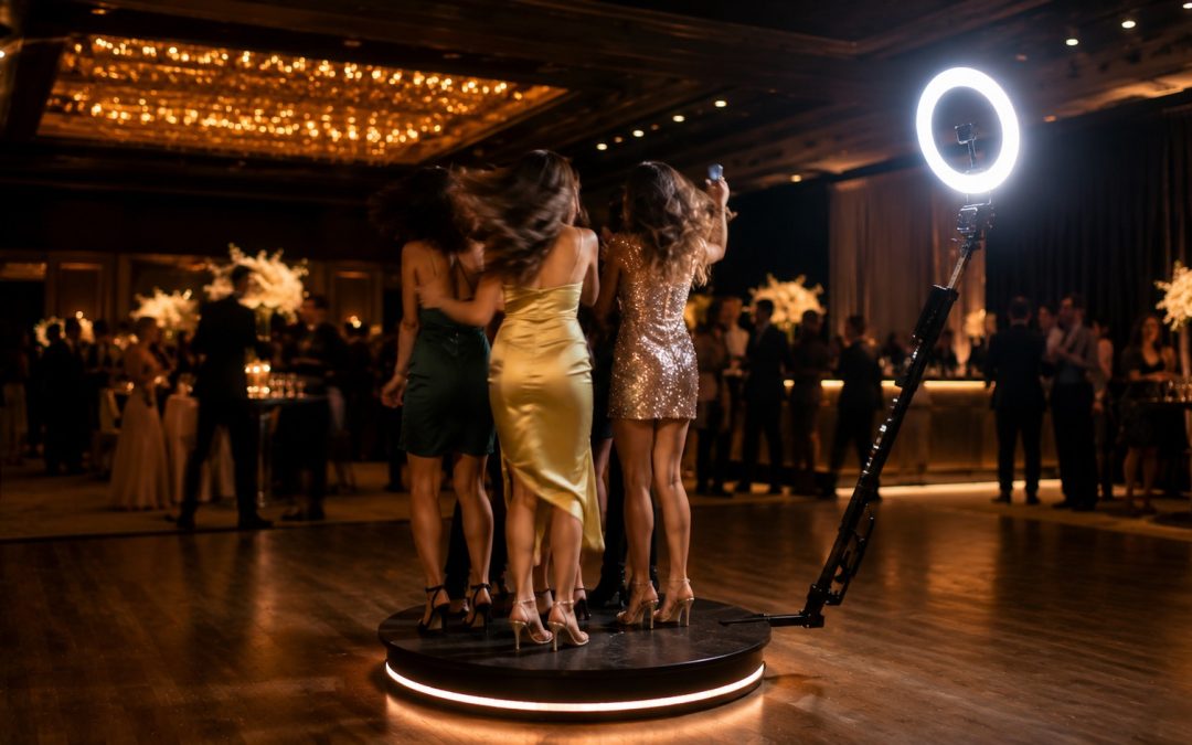 Guests on a 360 video booth platform at an evening reception with the camera arm sweeping