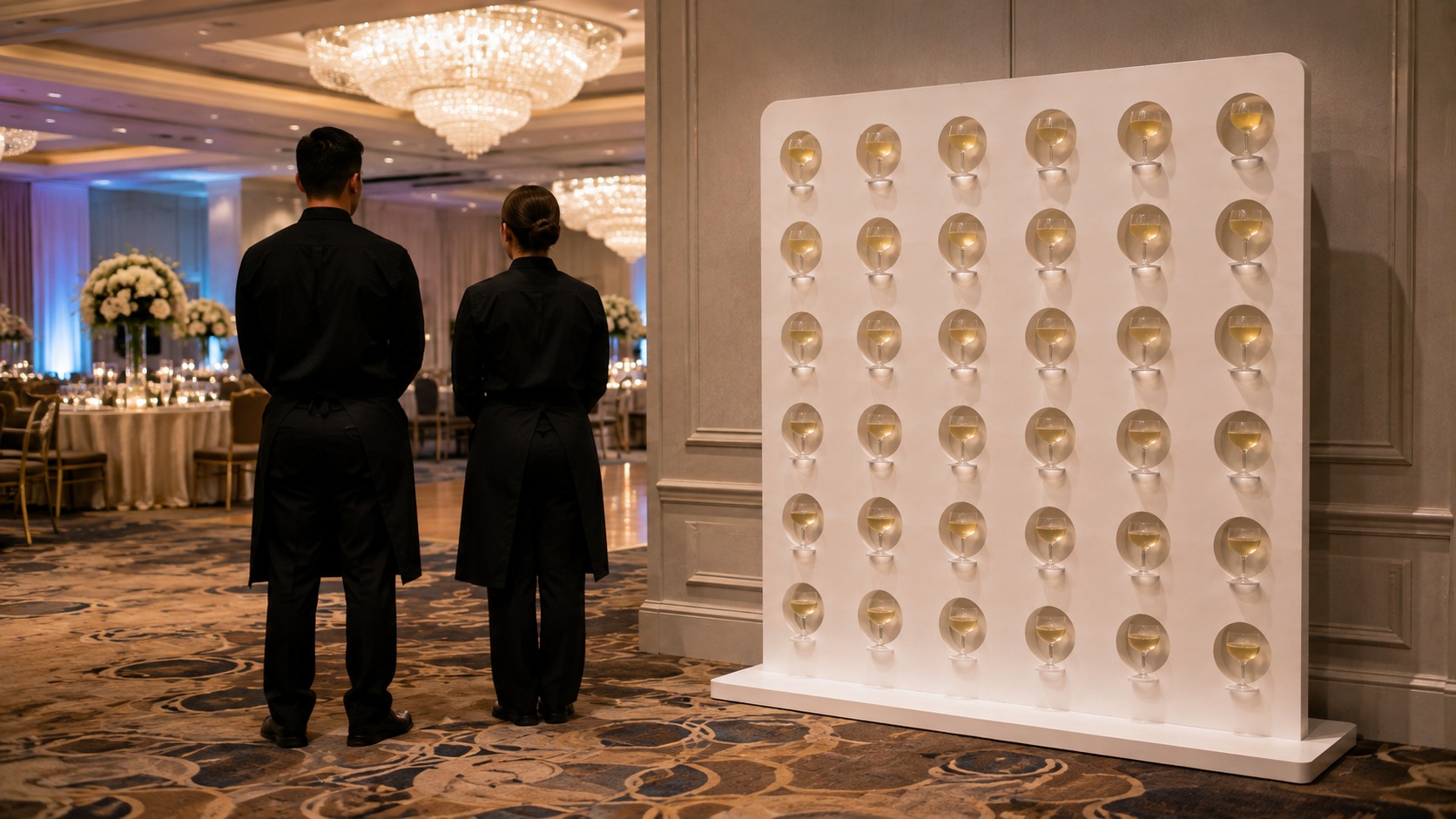 Champagne wall set up in a banquet hall with venue staff standing nearby