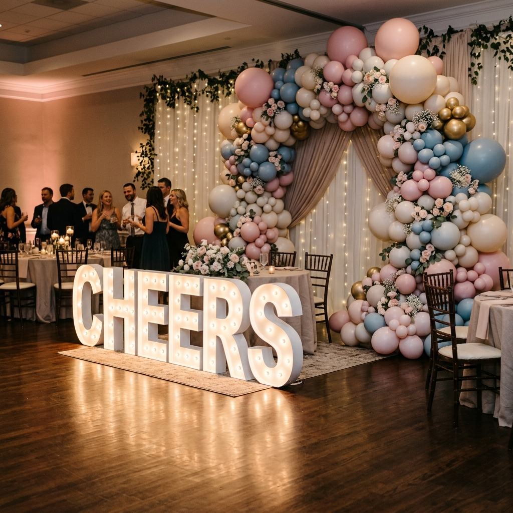 Illuminated marquee letters standing in front of a large pastel balloon arch at a reception