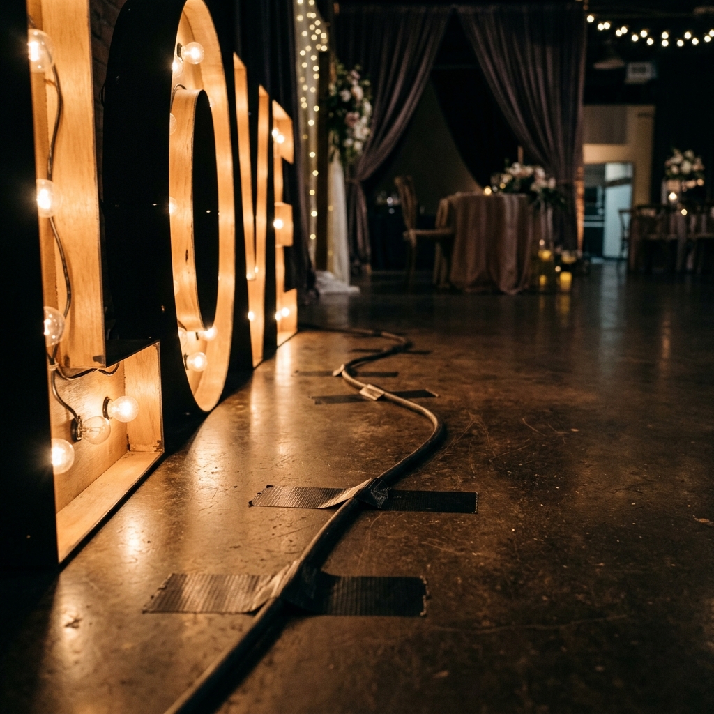 Power cable taped down along the floor behind illuminated marquee letters at a venue