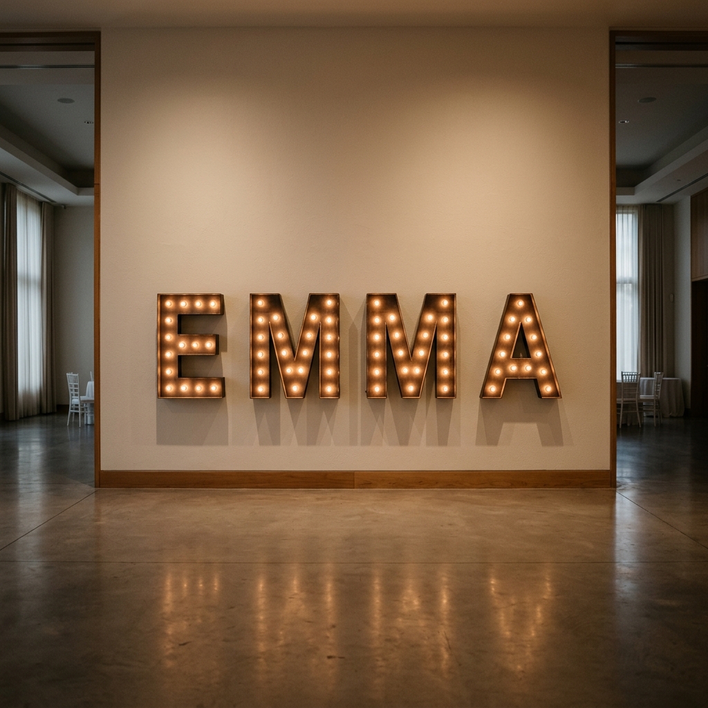 Row of illuminated marquee letters spelling a name across a wall, showing how width is shared