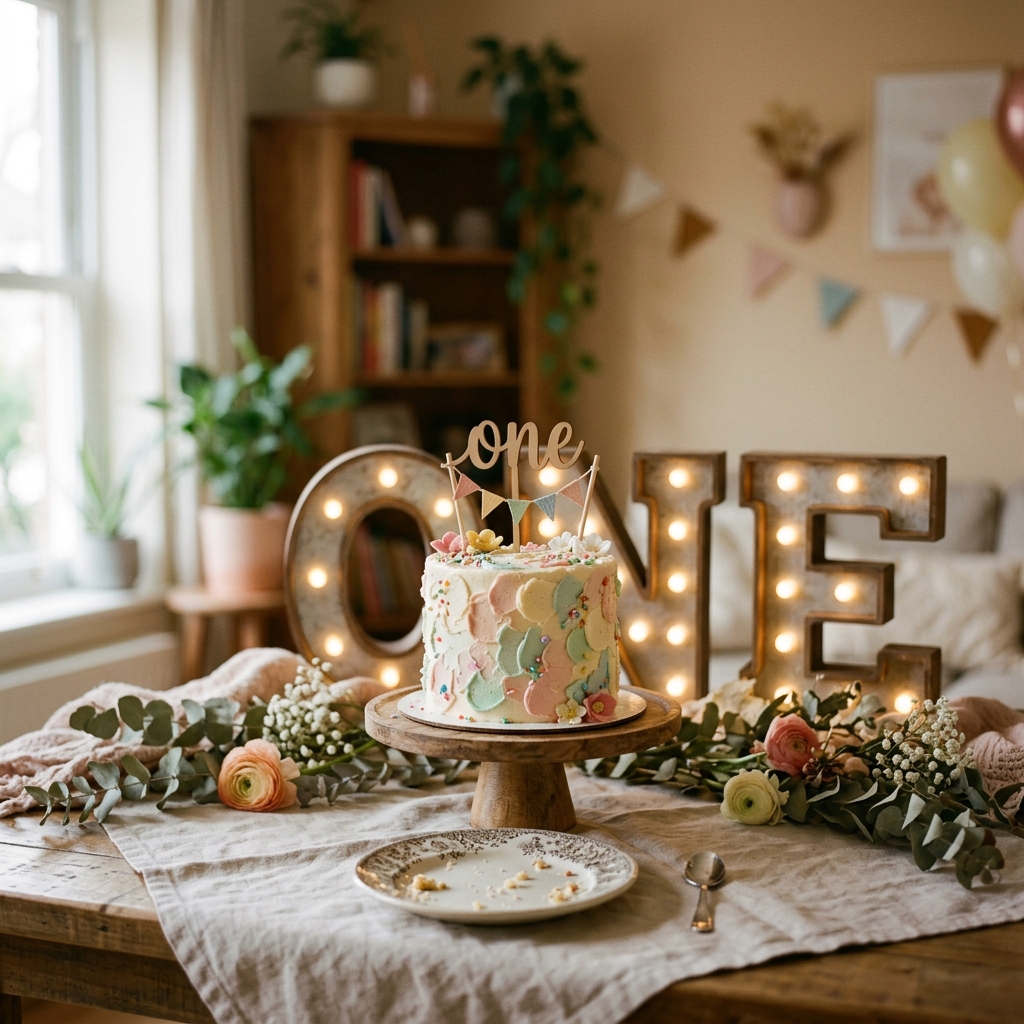 Illuminated ONE marquee letters on a dessert table behind a first birthday smash cake