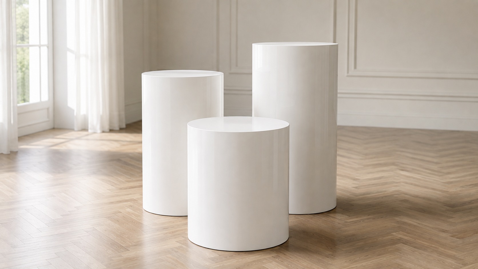 Three white plinths arranged with the tallest offset to one side and staggered depth