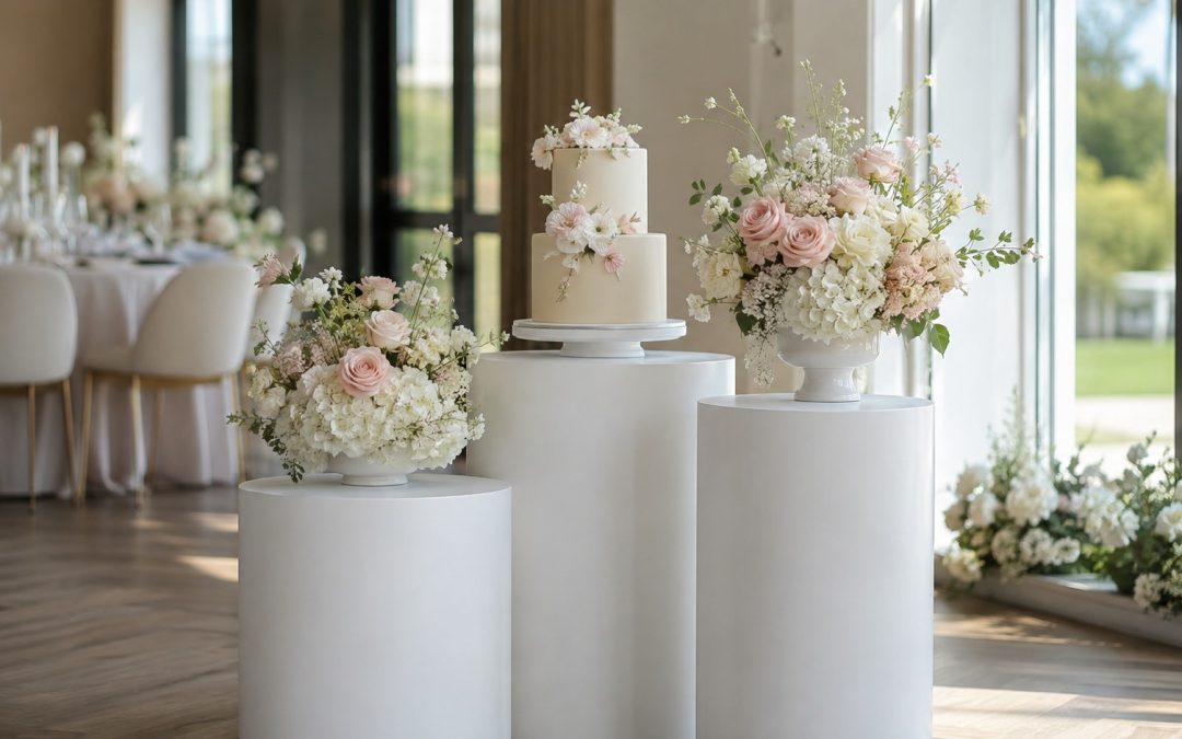 Three white plinths styled with florals and a cake at an indoor bridal shower
