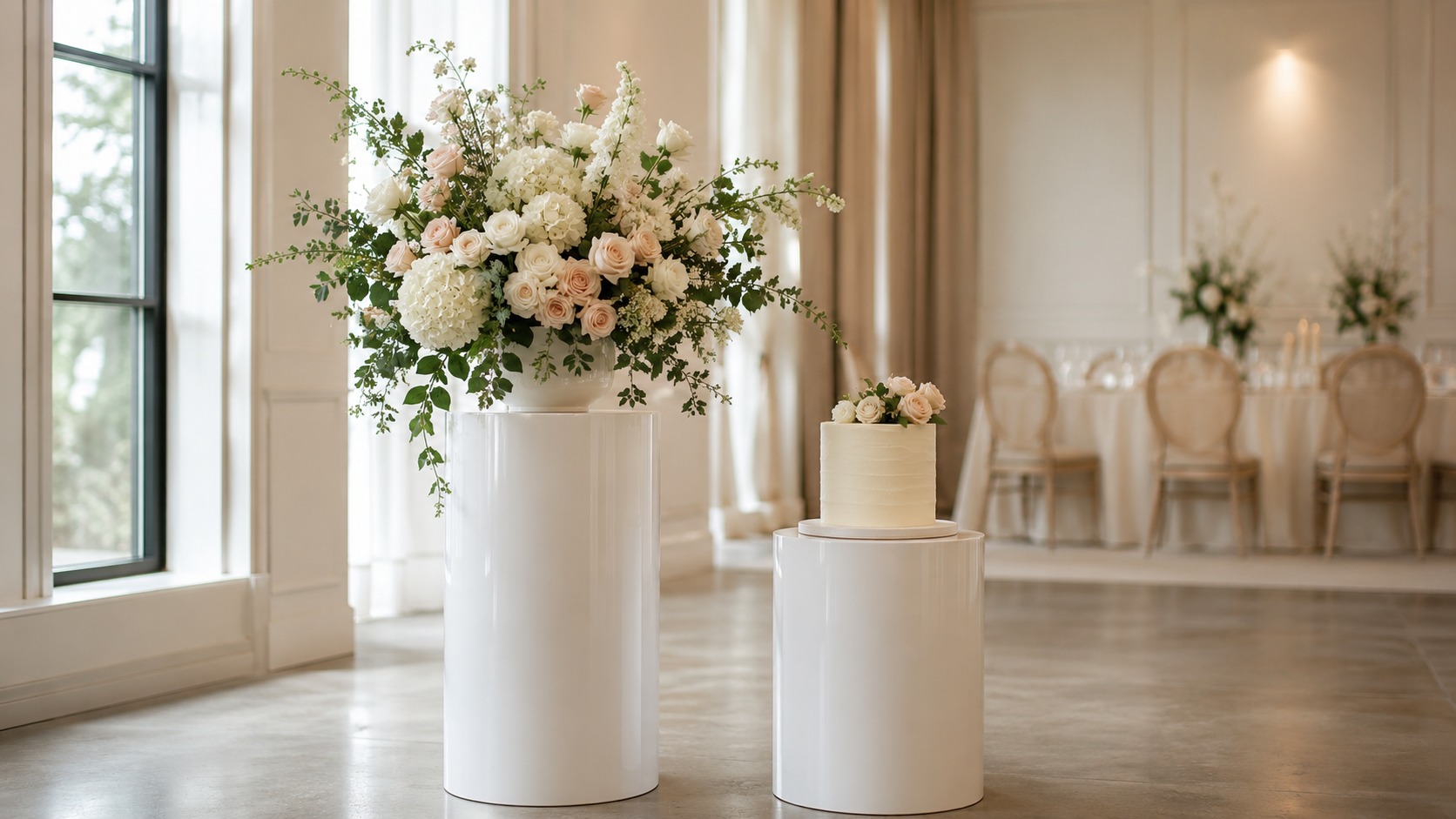 Tall floral arrangement on a taller plinth beside a cake on a shorter pedestal