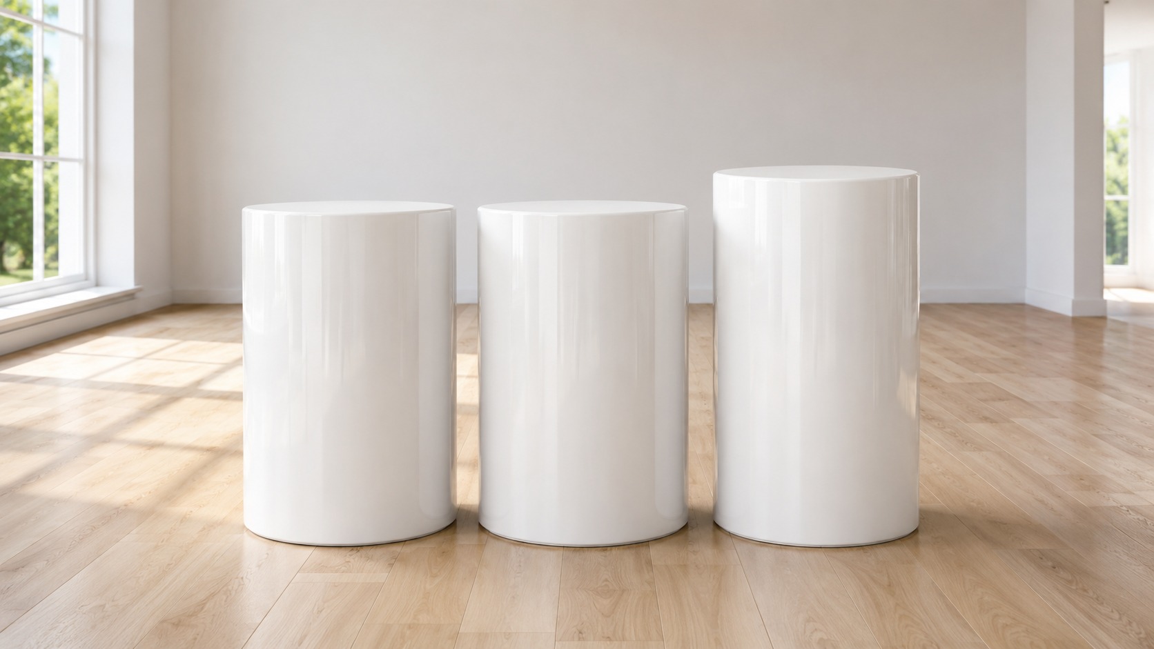 Three bare white display plinths showing two at one height and one slightly taller