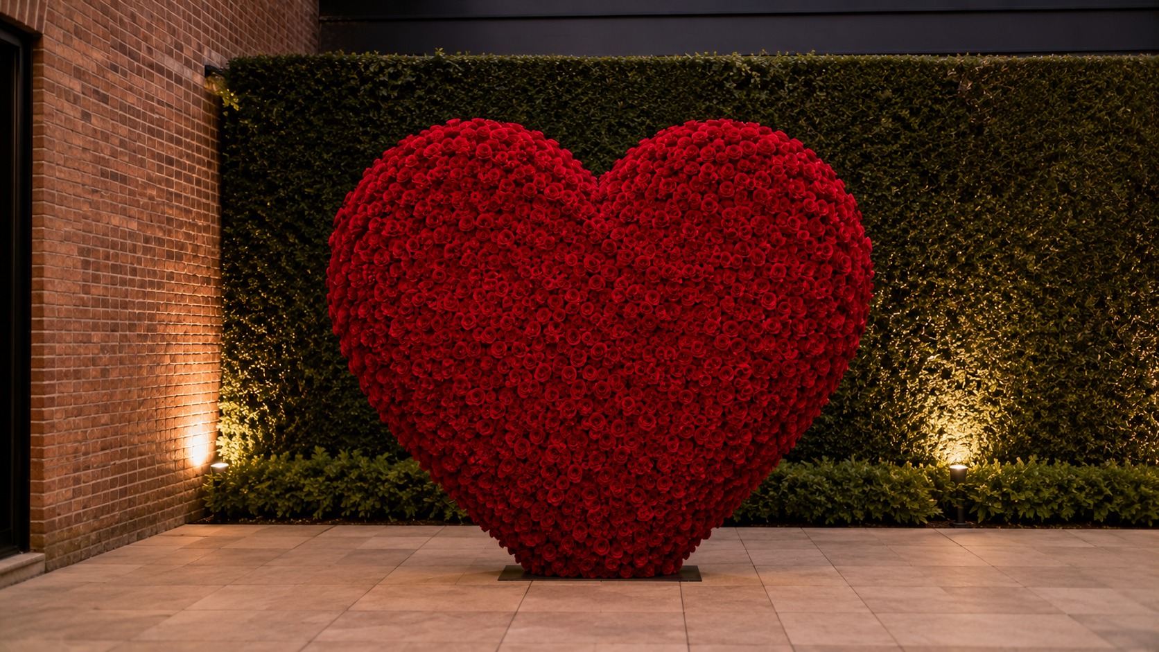 Rose heart backdrop standing against a plain hedge on level sheltered ground