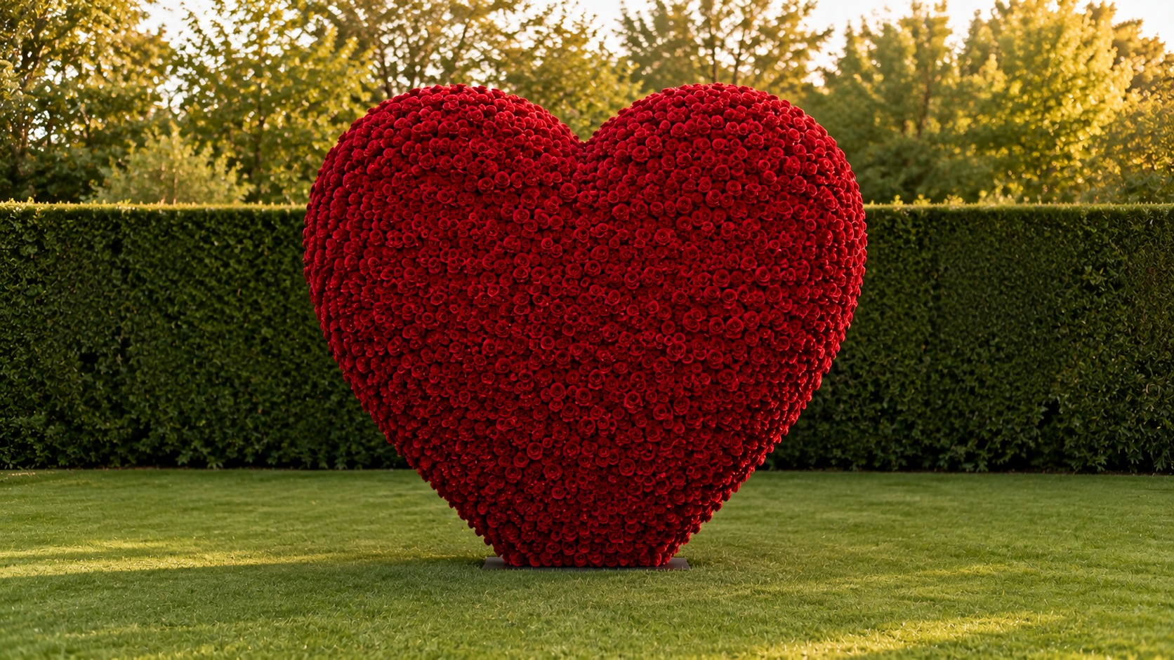 Heart shaped rose backdrop on level garden ground with clear space in front of it