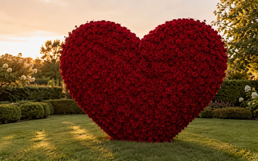 Heart shaped red rose backdrop standing alone in a garden at golden hour