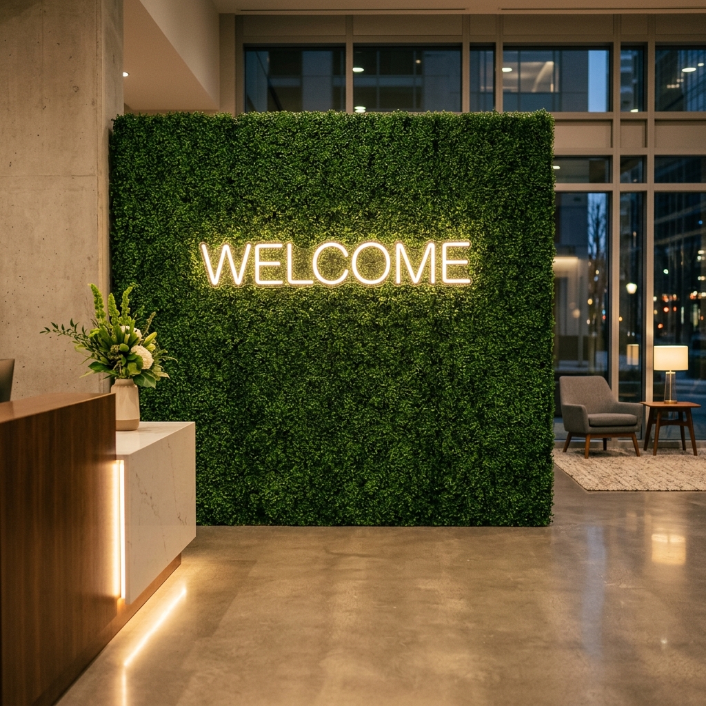 Green boxwood wall used as a corporate event backdrop with a neon sign mounted on it