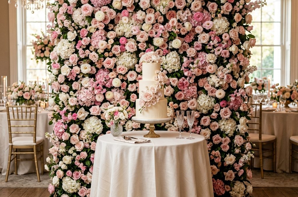 Dense pink and white floral wall set up behind a cake table at an Ottawa wedding reception