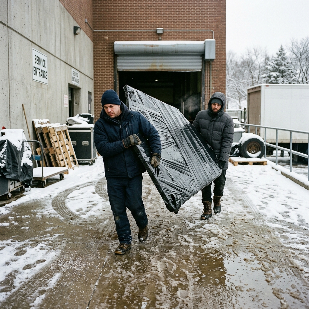 Event crew carrying wrapped decor panels through a snowy loading entrance in winter