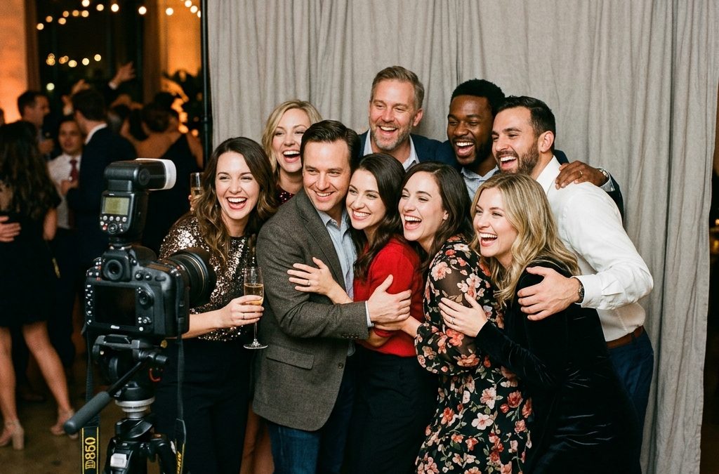 Large group of guests posing together at an open concept photo booth with a backdrop behind them