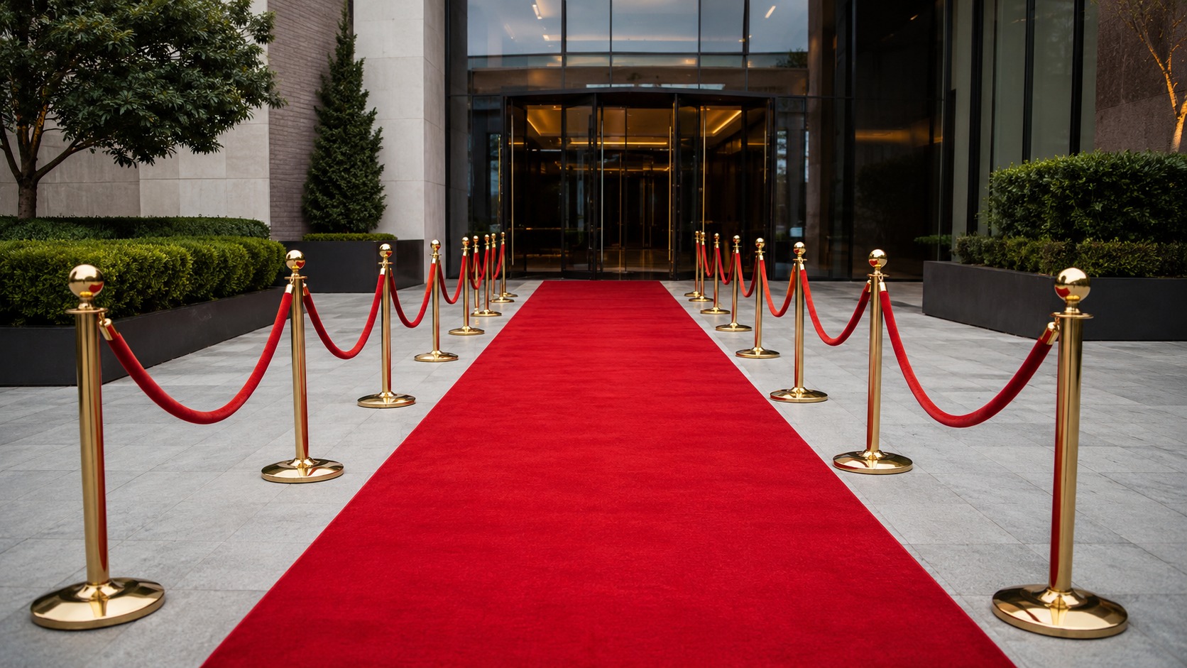 Red carpet runner leading to a venue entrance with rope barriers on both sides