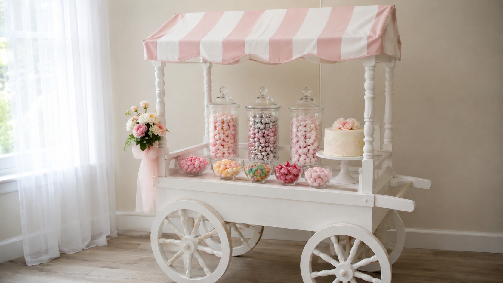 Tall sweet jars behind small open bowls of candy and a cake on a white candy cart