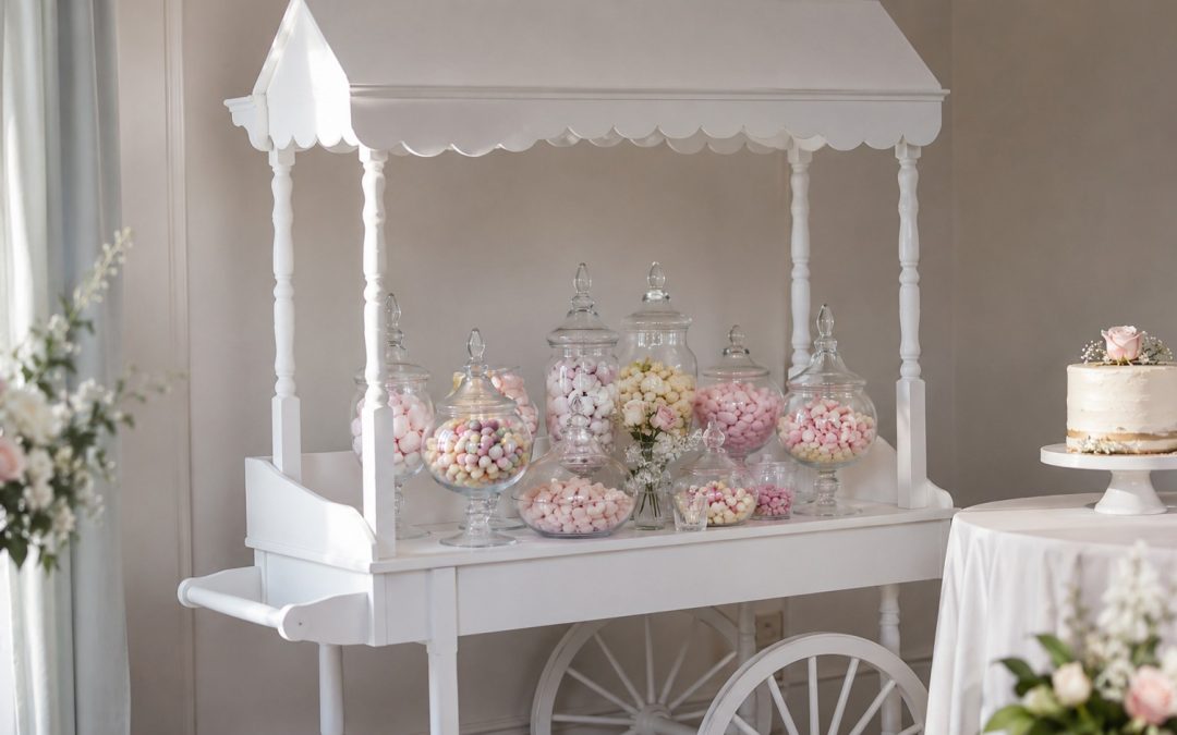 White candy cart styled with filled sweet jars against a pale wall at a bridal shower