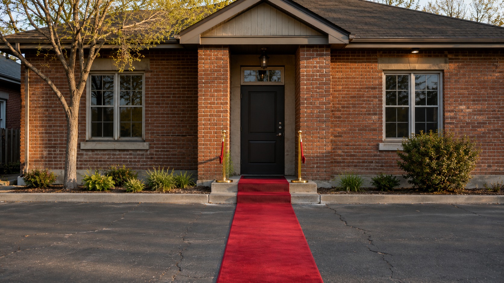 Narrow red carpet runner at the single door entrance of a community hall