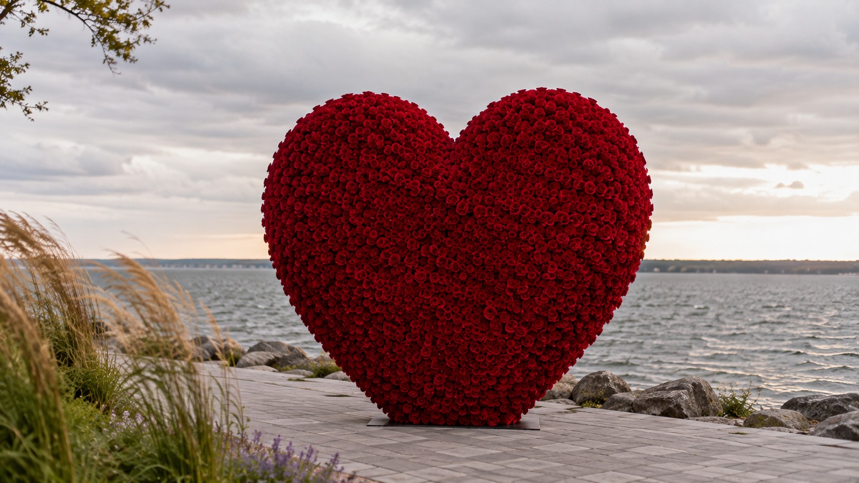 Floral heart backdrop set up on a waterfront path with open water behind it